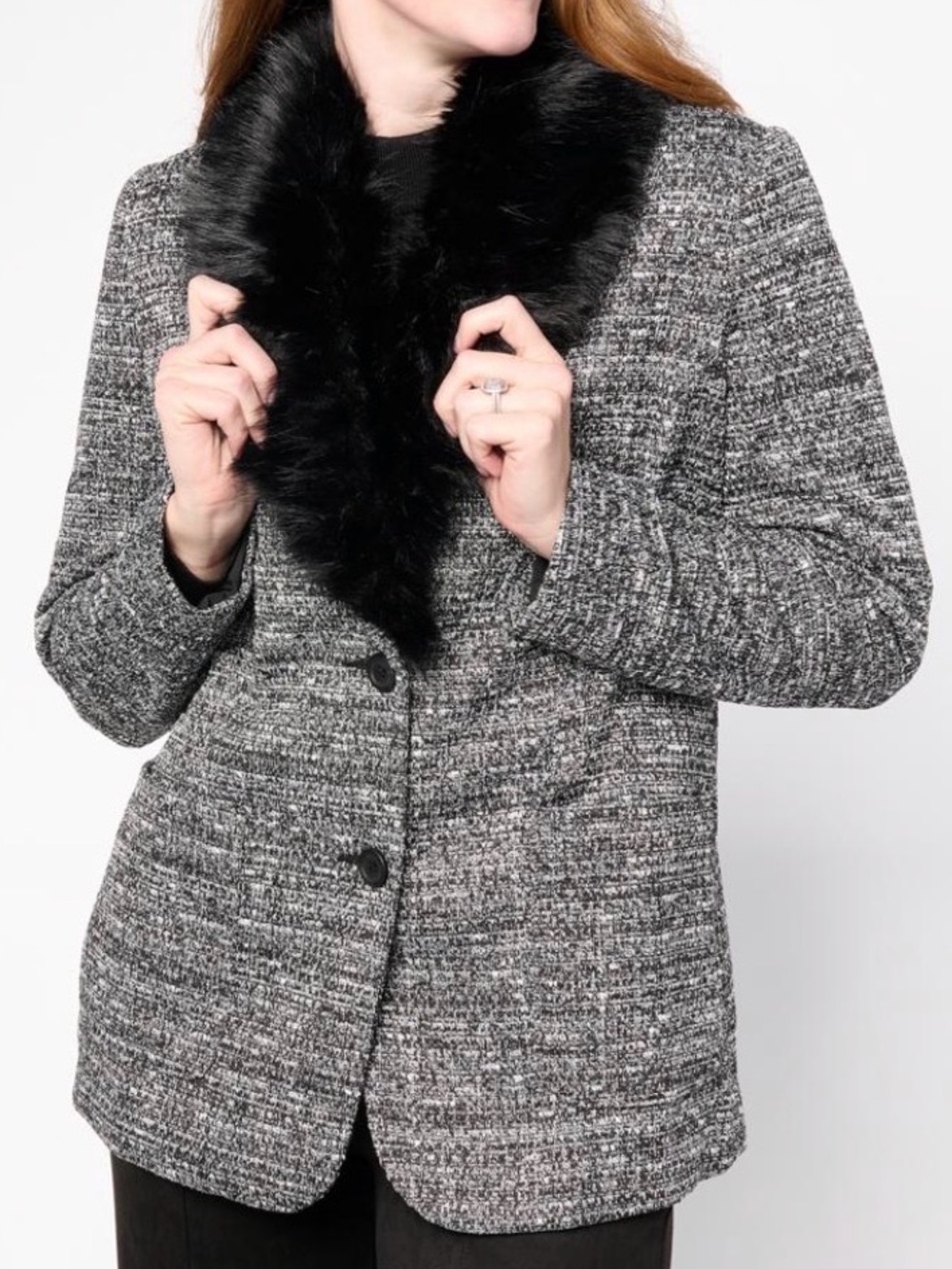 NWT Mark & James by Badgley Mischka Onyx Tweed Knit Blazer with Faux Fur Medium